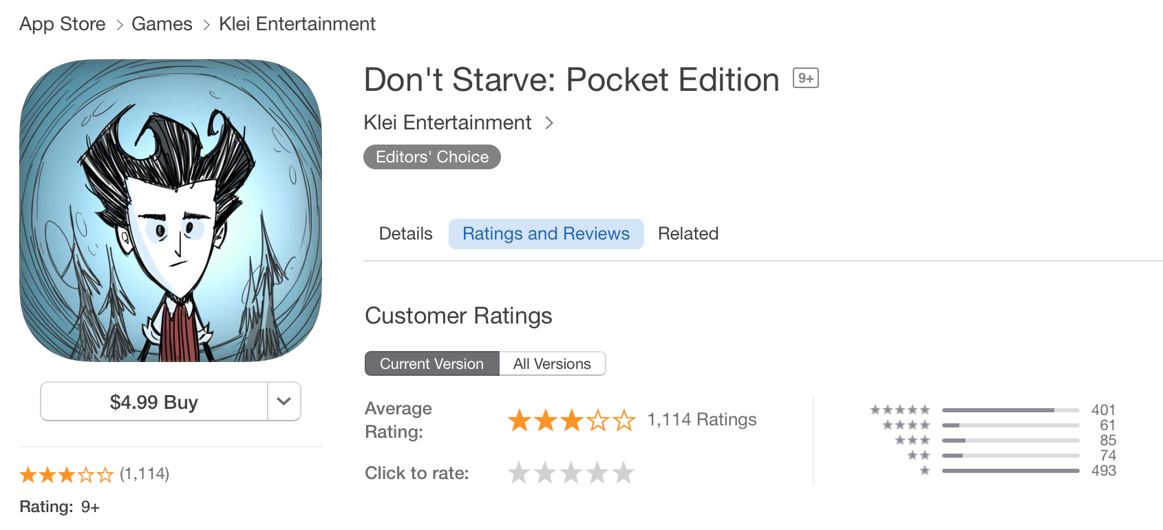 US App Store ratings for Don't Starve